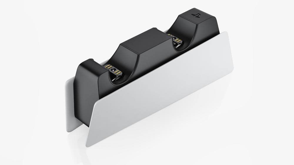 PlayStation DualSense charging station for charging two controllers simultaneously, sleek design and efficient use of space.