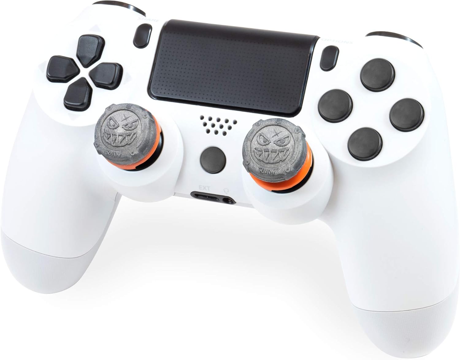 Call of Duty Black Ops 4 Grav Slam thumbsticks on a white PS4 controller for enhanced gaming performance.