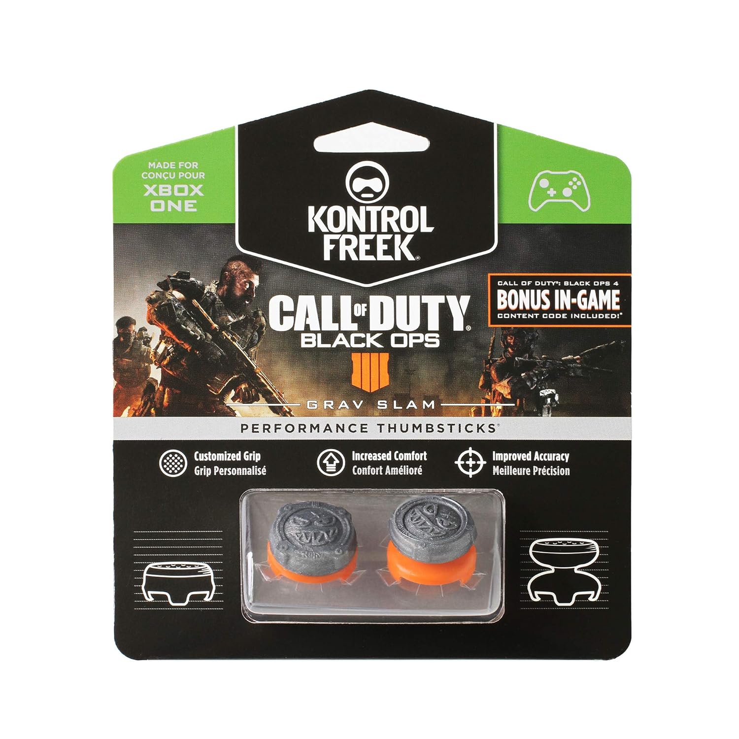 KontrolFreek thumbsticks for Black Ops 4, Grav Slam Performance Thumbsticks for Xbox One with customized design and improved accuracy.