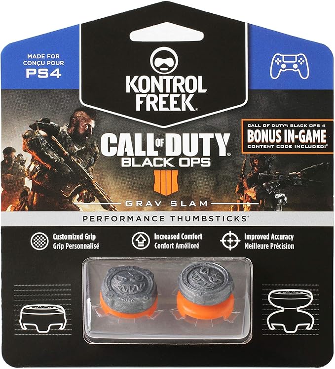 Call of Duty Black Ops 4 Grav Slam thumbsticks packaging with performance features and bonus in-game content.