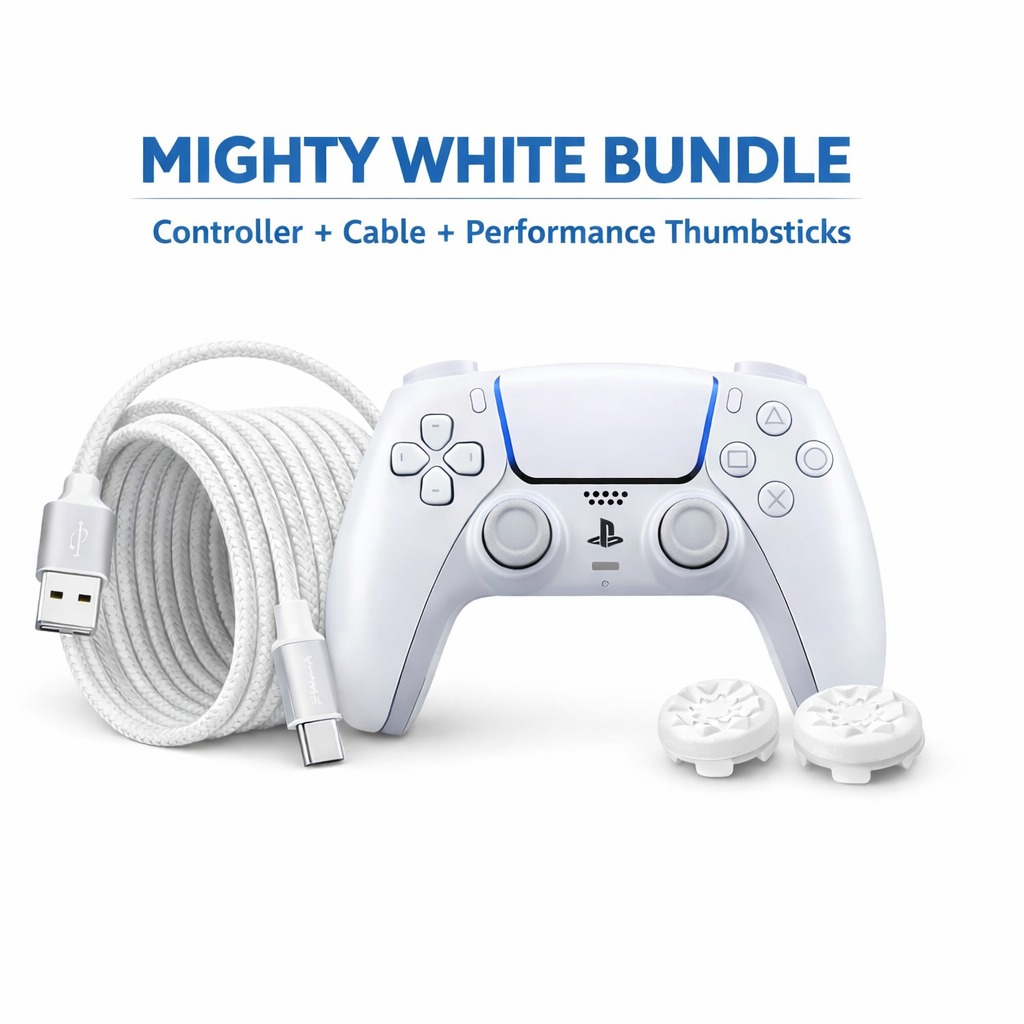 Mighty White Performance Bundle for PS5 – Controller + Cable + Thumbsticks