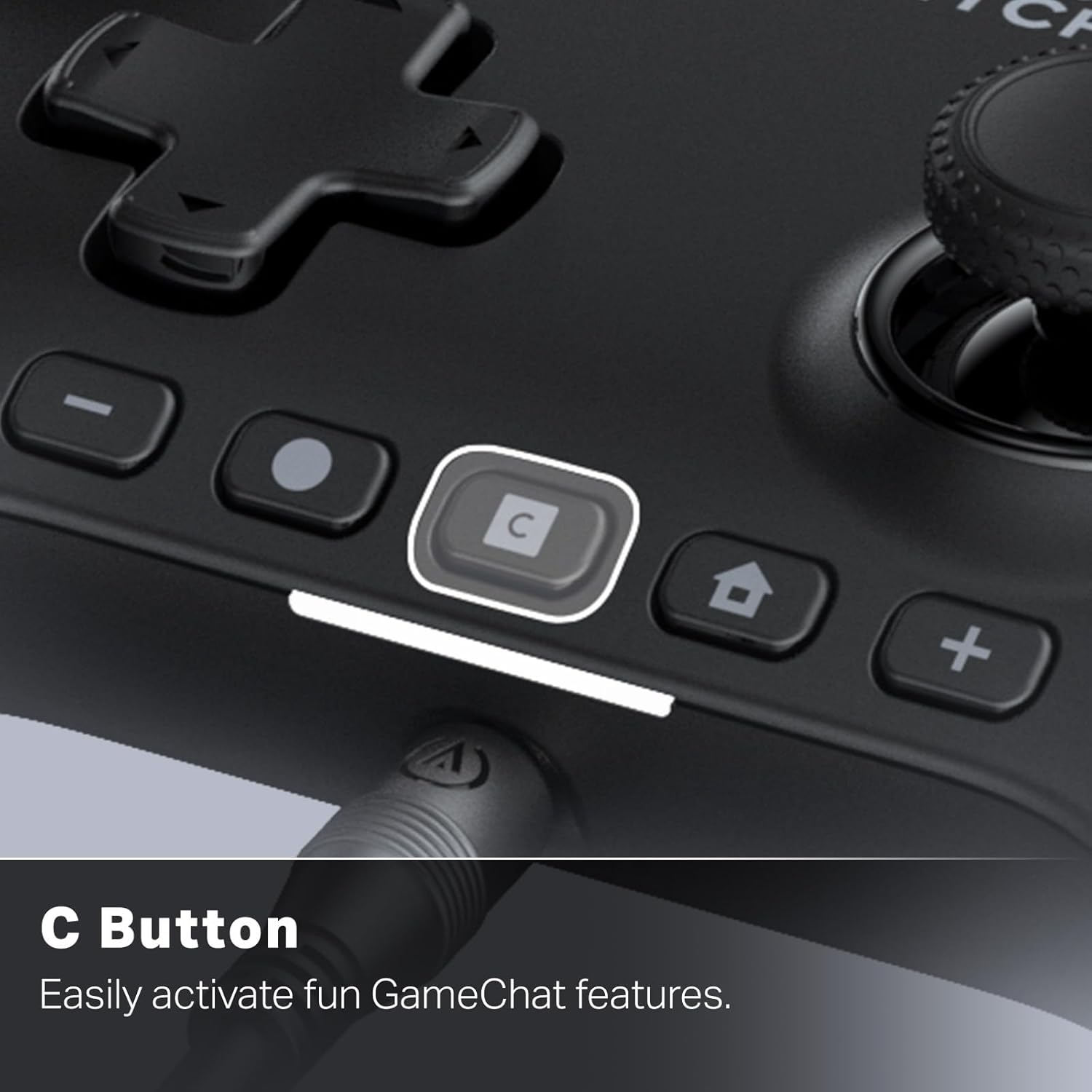 PowerA Advantage Wired Controller for Nintendo Switch showing the C Button, designed for GameChat features activation.