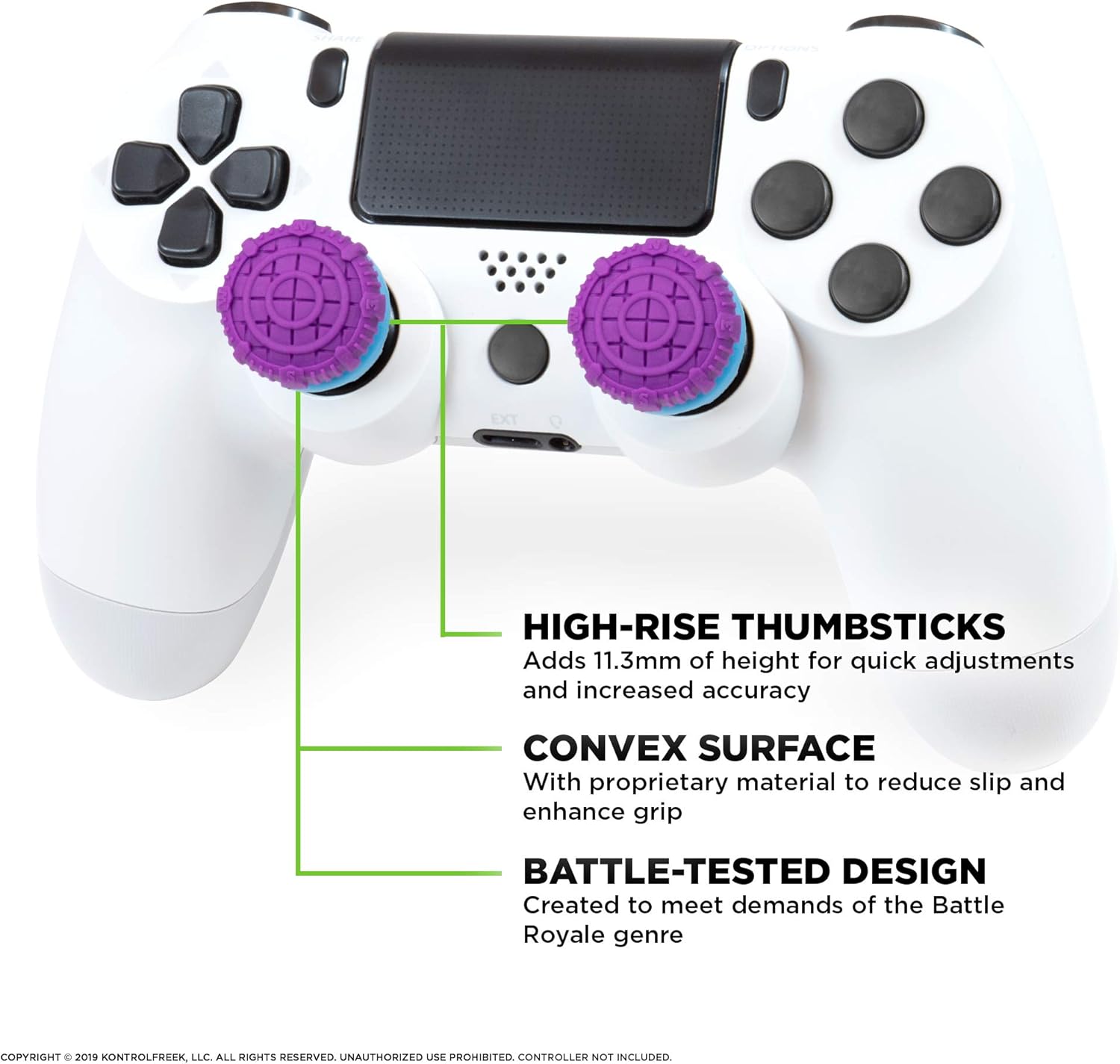 KontrolFreek Battle Royale thumbsticks on PS4 controller, featuring high-rise design for precision and enhanced grip.