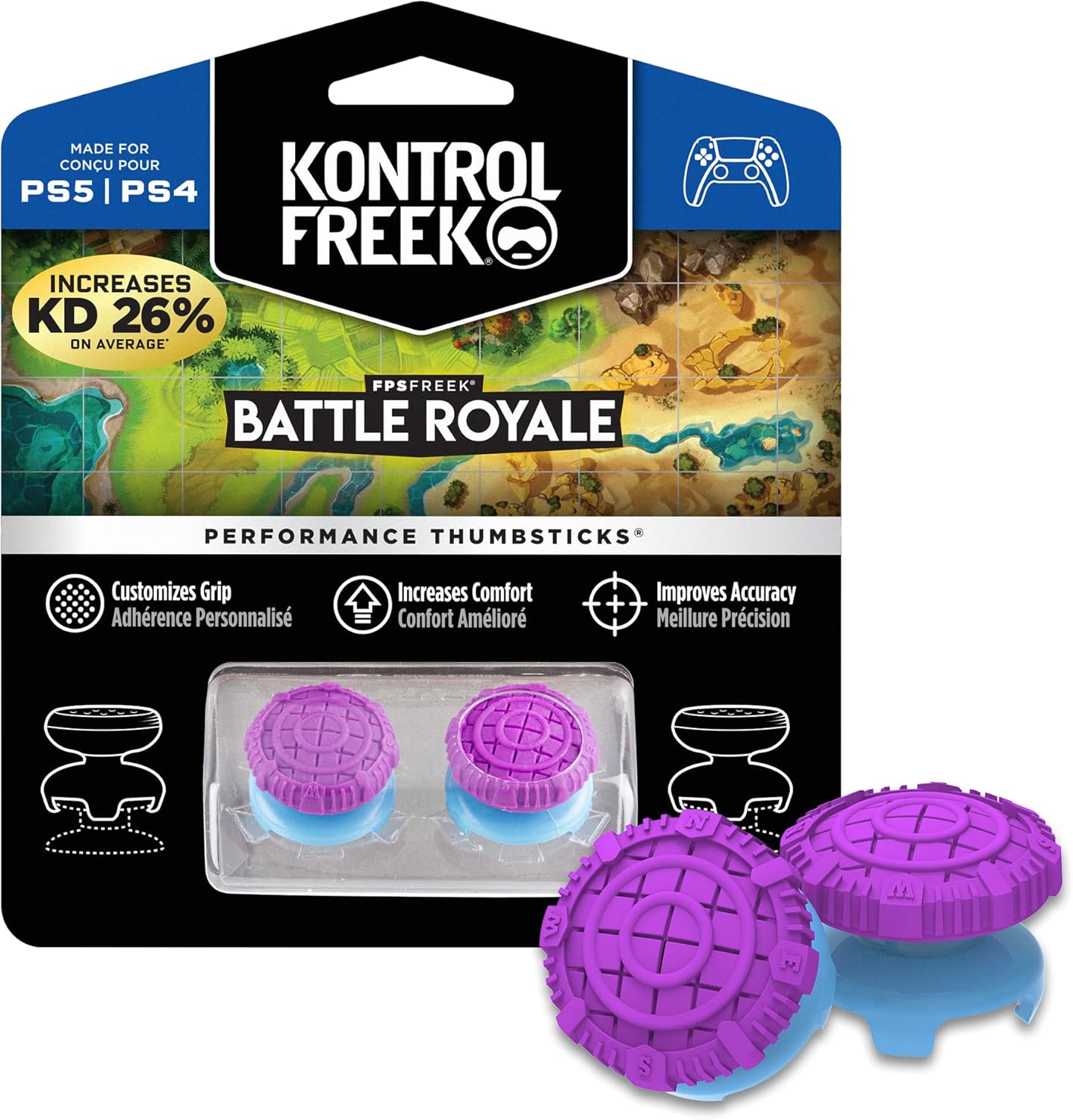 KontrolFreek Battle Royale thumbsticks packaging showcasing customizable grips for PS4 and PS5 gaming.