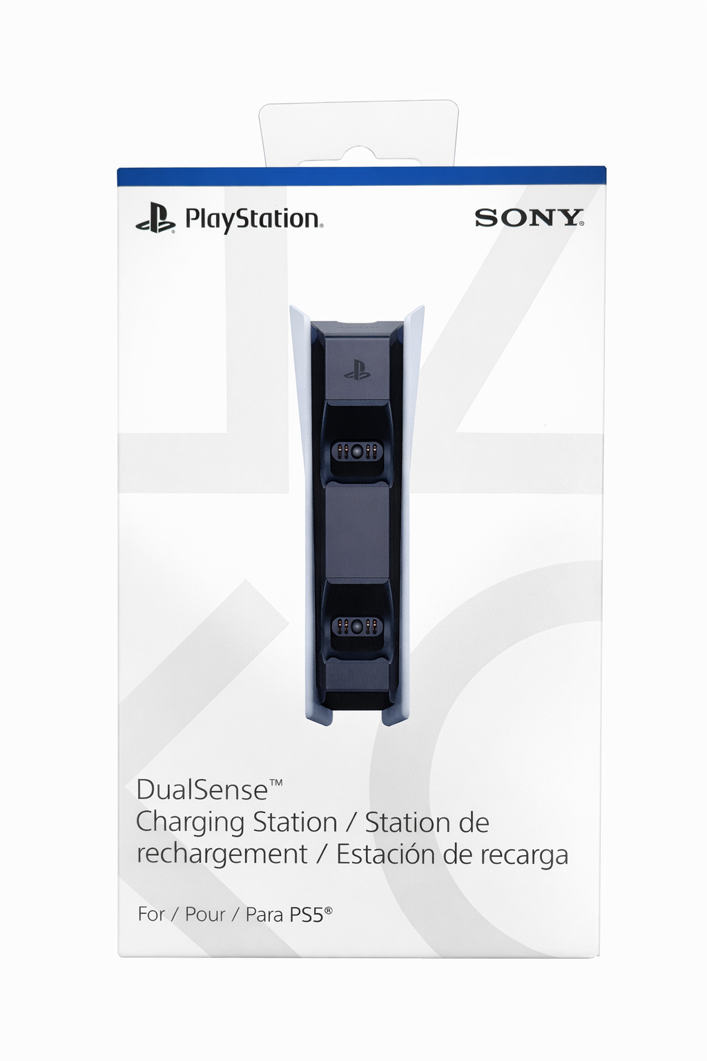 PlayStation DualSense charging station packaging for PS5 controllers with clear branding and instruction details.