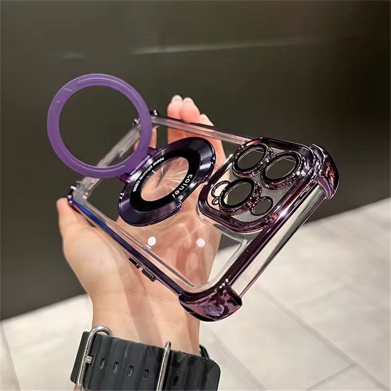 iPhone 15 Pro Max Plating Magnetic Ring Stand TPU Clear Case