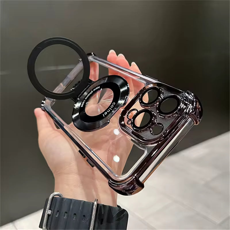 iPhone 15 Pro Max Plating Magnetic Ring Stand TPU Clear Case MIKES DISCOUNT ELECTRONICS