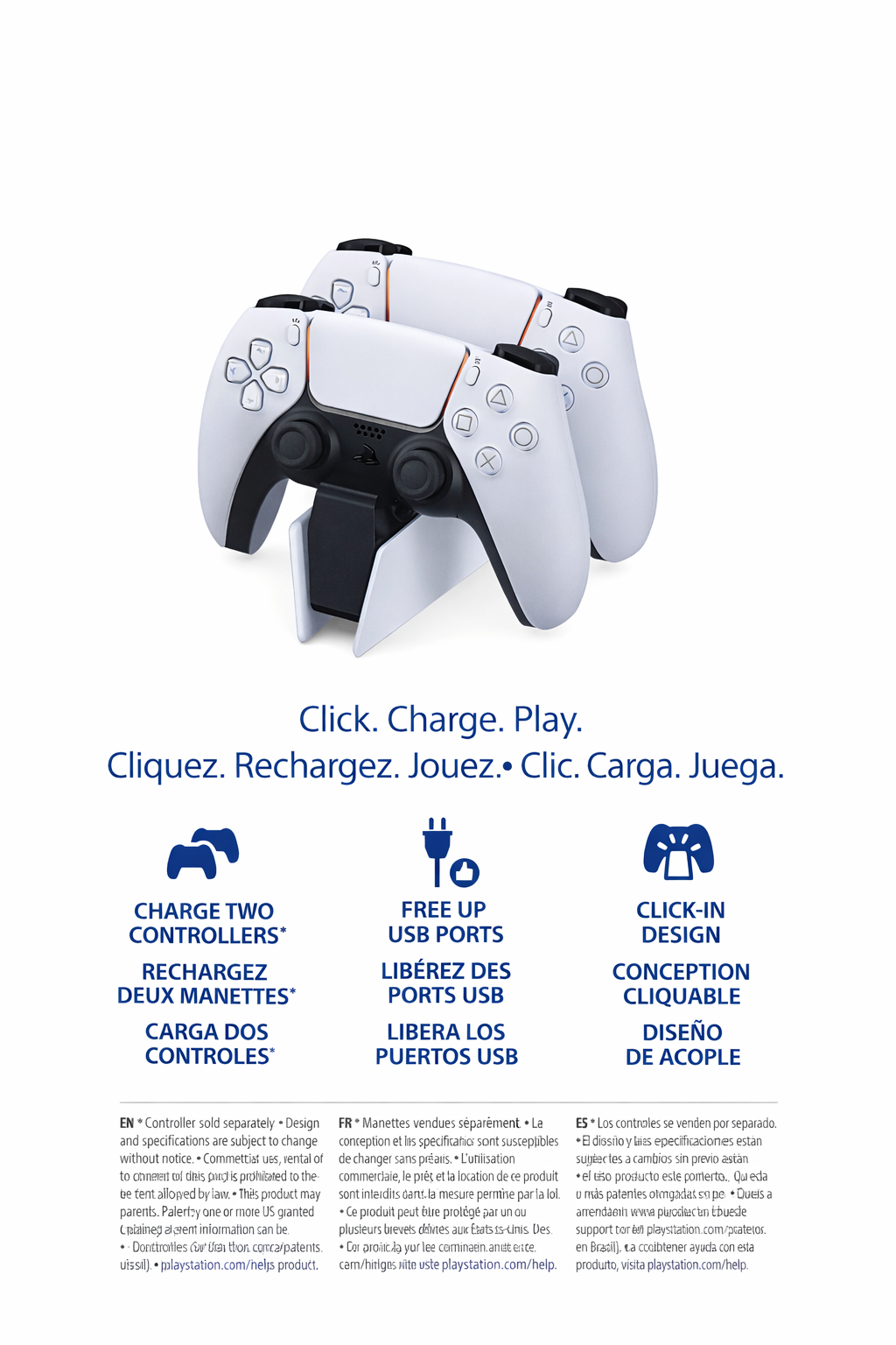 PlayStation DualSense charging station with two controllers charging on a sleek dock.